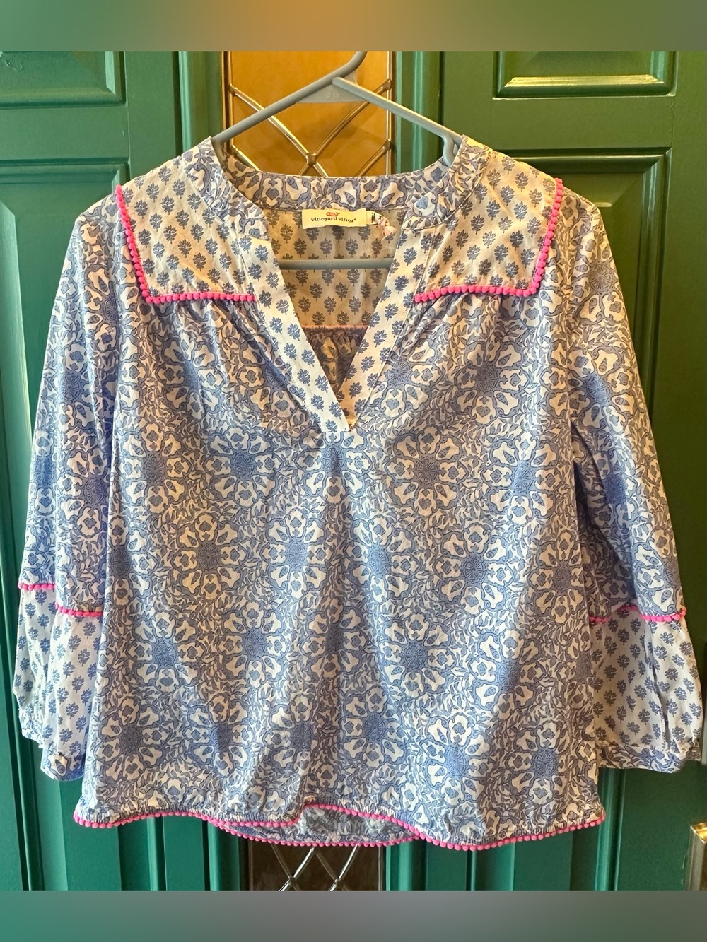 Vineyard Vines Blue White Pink Pom Pom Boho Peasant Top